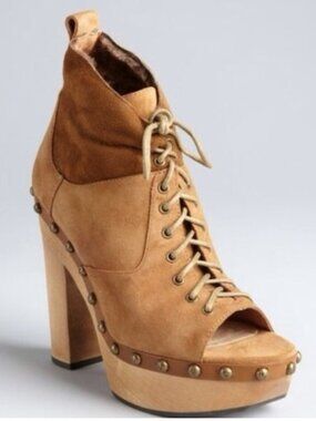 Koolaburra UGG Lucinda Peep Toe Studded Wood Platform Heeled Lace Up Bootie 6M